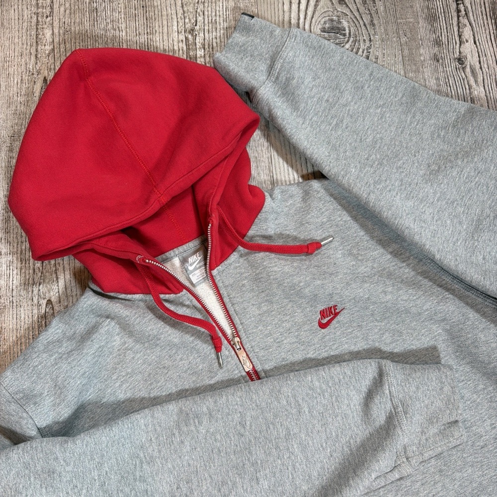 Nike Sportswear Hoodie Men's XXL Gray Red Full Zip Fleece Sweatshirt Y2K Style